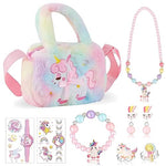 PALAY® Unicorn Crossbody Bag with Jewelry Set for Girls, Princess Plush Handbag Purse Beads Necklace Bracelet Earrings Rings and Stickers Set, Fashion Kids Costume Jewellery Party Dress up Gift