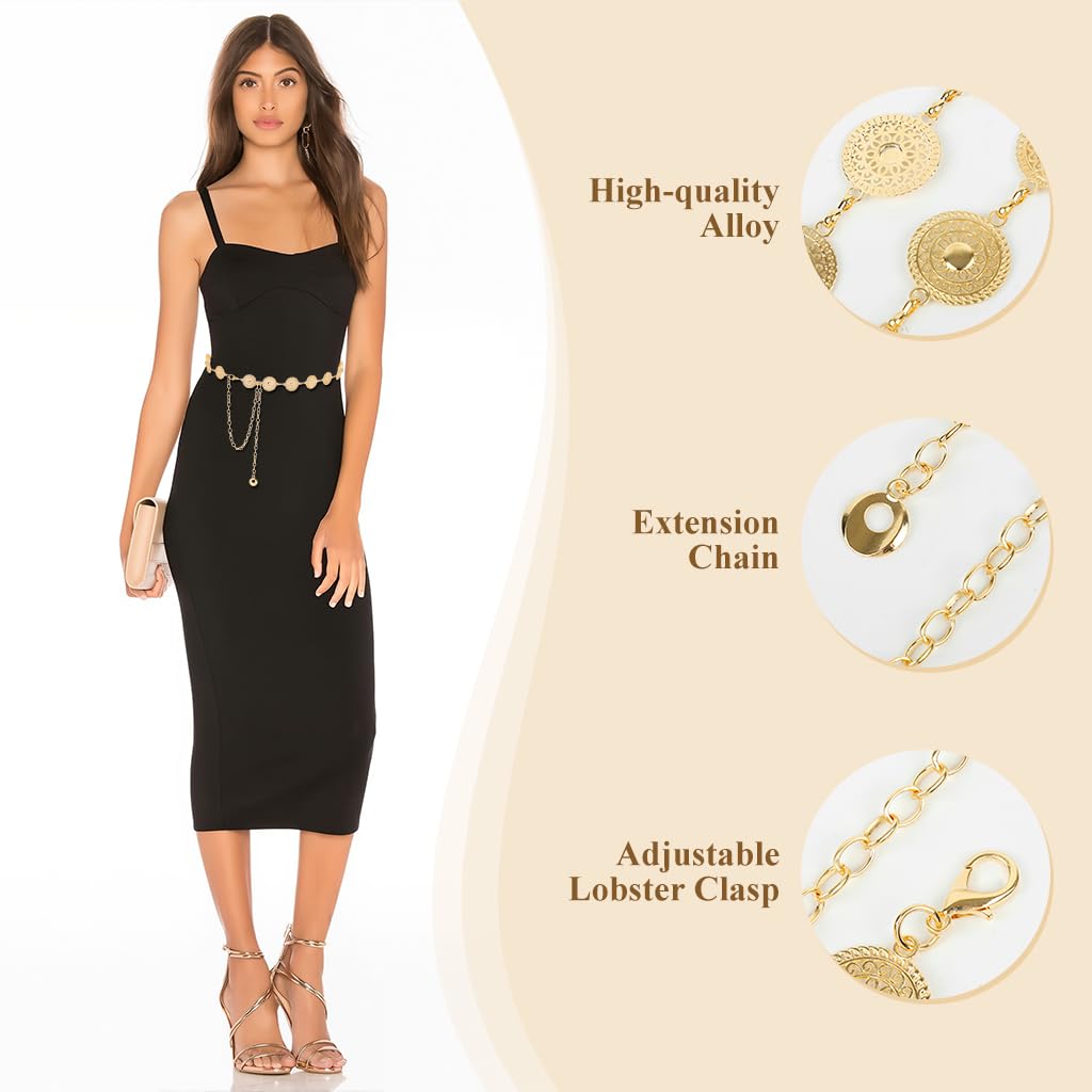 PALAY Belt for Women Dresses featuring Metal Concho Waist Chain in Gold | Adjustable Boho Hip Accessory