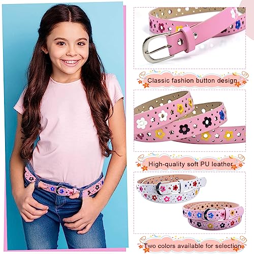 PALAY® 2 Pack Belt for Girls, Stylish PU Leather Girls Belt, Flower Hollow Cut Waist Belt for Jeans Pants Dress for Kids Girl 6-12 Years Old