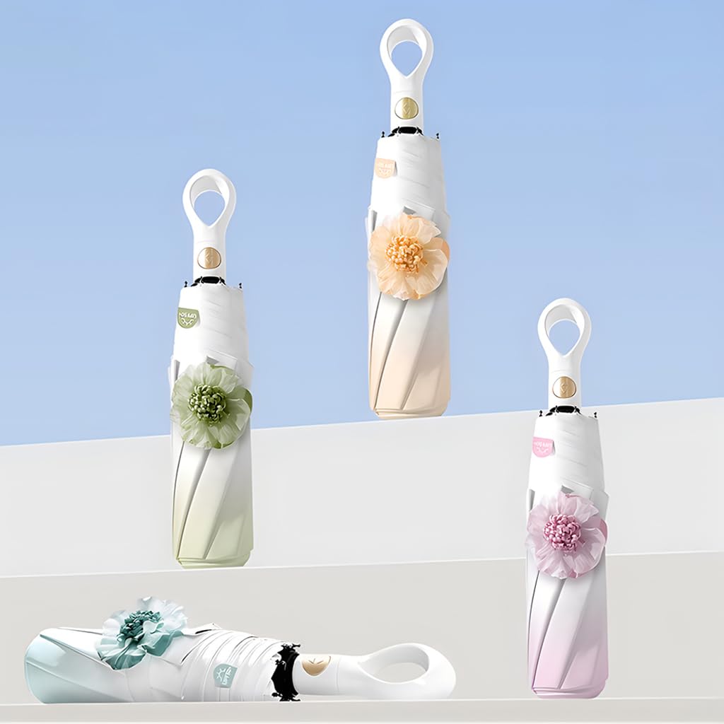 PALAY Compact Umbrella for Sun and Rain Protection with 8 Dual Ribs and Auto Open Close | Featuring UPF 50+ Black Coating and Flower Charm Strap