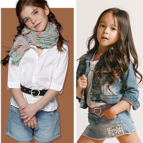 PALAY® Kids Belt for Girls 6-12, 2Pcs Fashion Girls Belt PU Leather Hollow Heart Metal Buckle Belt for Girl Jeans Dress Pants Gift (Black & Brown, Suit for Waist 26-30")