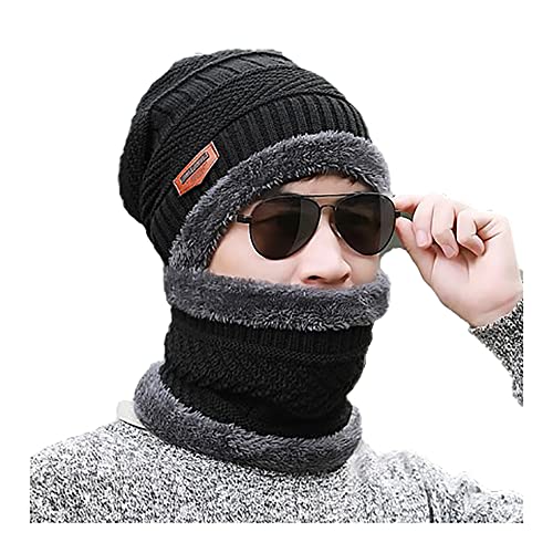 PALAY® Black Winter Warm Knitted Hats with Neck Gaiter Knitted Scarf Set,Beanie Cap Hat Neck Hat for Men and Women