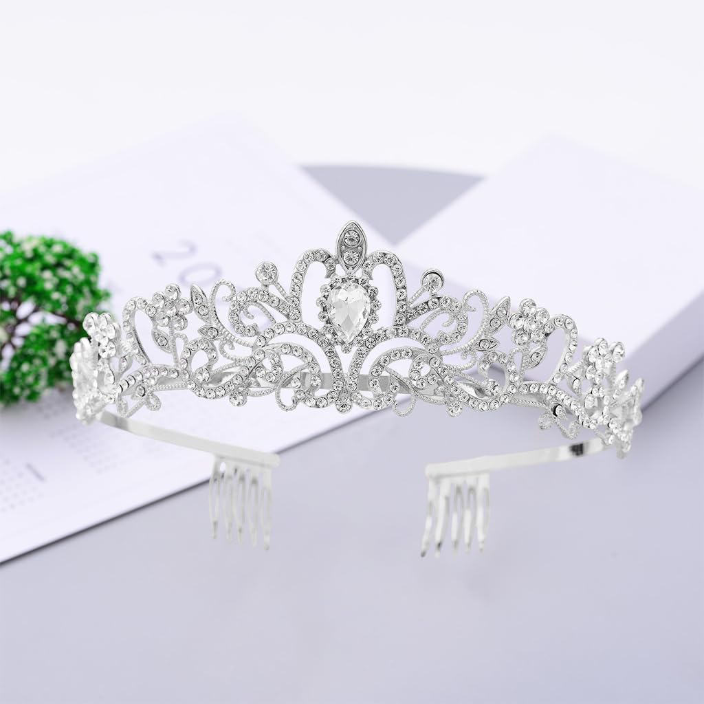 PALAY Tiara Crown for Wedding and Party with Side Combs featuring 13cm Width | Silver Crystal Headband for Women and Girls