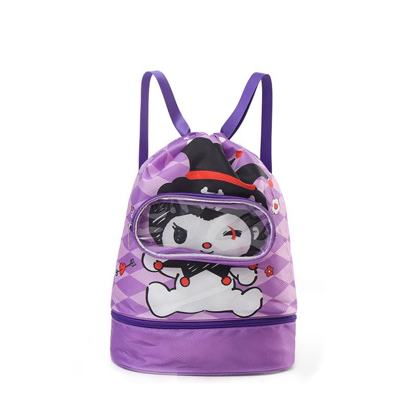 PALAY® Kuromi Swimming Drawstring Bag Girls Waterproof Swimming Bags with Shoe Compartment & Clear Goggle Pouch, Cute Kuromi Quick Dry Wet Bag Beach Bag for Girls, 26x13x40cm