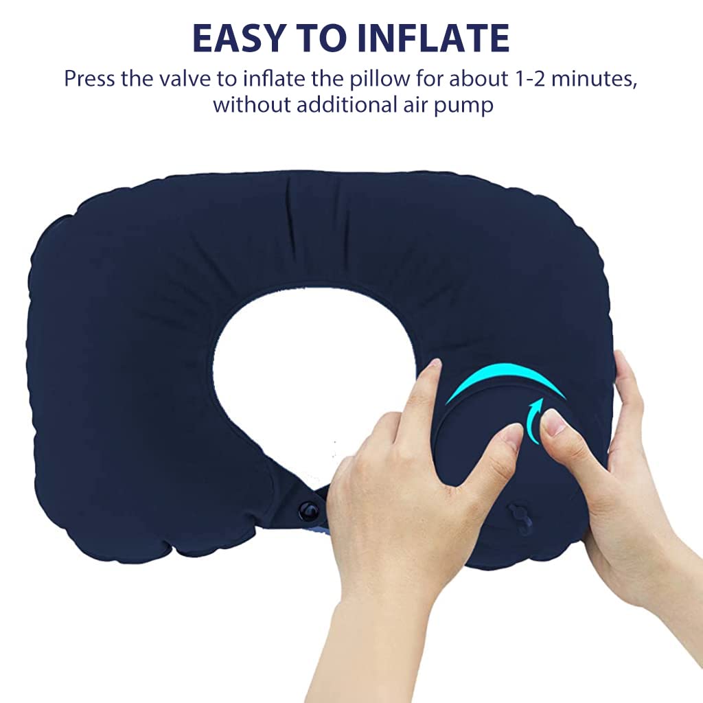 Palay Inflatable Travel Pillow for Airplane and Office with Built In Hand Pump | Soft Blue Flocking