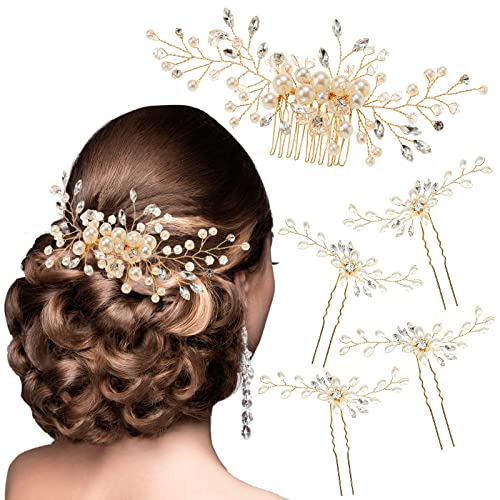 PALAY® Flower Hair Accessories for Women Pearl Crystal Rhinestone Hair Pins for Women Stylish Hair Comb Clip Bridal Hair Bun Accessories for Wedding, Daily, Party - 5 Pcs