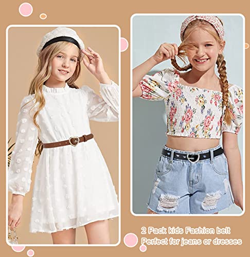 PALAY® Kids Belt for Girls 6-12, 2Pcs Fashion Girls Belt PU Leather Hollow Heart Metal Buckle Belt for Girl Jeans Dress Pants Gift (Black & Brown, Suit for Waist 26-30")