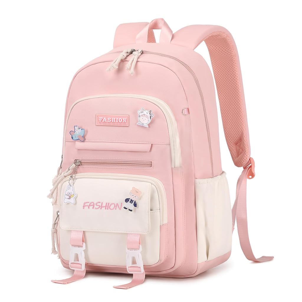 PALAY School Bag for Girls with Multi Zipper Compartments 15.6 in Laptop Space | Oxford Cloth Pink Backpack