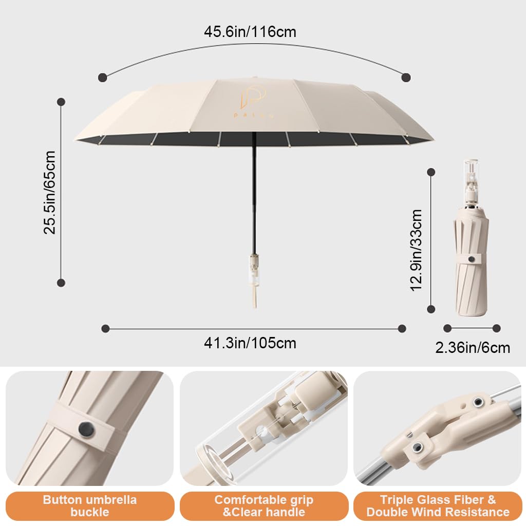PALAY Umbrella for Sun Protection with 12 Fiberglass Ribs and Clear Handle | Beige Travel Use