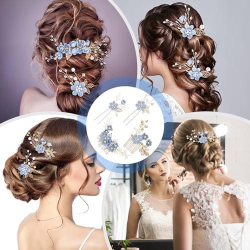 PALAY® Floral Hair Accessories for Women Hair Side Comb Hair Clips for Women And Girls Handmade Bridal Pearl Hair Bun Clip Combo Hair Accessories Gifts for Women, Friends - 4 Pcs