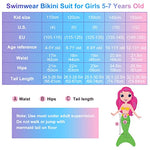 PALAY® Girls Swimsuit Mermaid Tail 3Pcs Swim Suit Set, Mermaid Princess Swimming Suit for Girls, Swimwear Bikini Kit Bathing Suit for Girls 6-7 Years Old