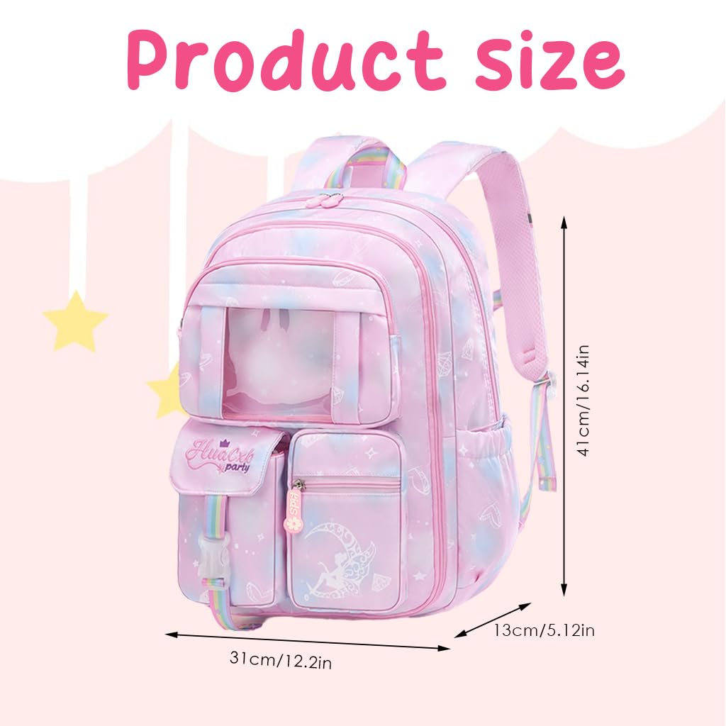 PALAY® School Backpacks for Girls Stylish School Bags for Girls Kids 7-12 Years Old Cartoon Water Resistant Backpack Durable Burden Relief School Bag Children's Day Birthday Gift for Girls - Pink