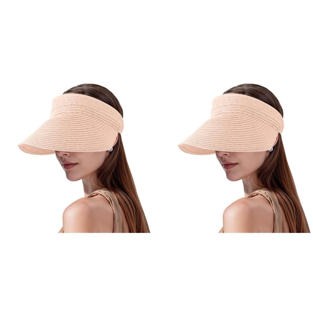 PALAY Straw Cap for Women featuring Wide Brim Sun Protection and Packable Pink 2PCS