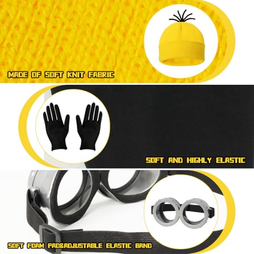 PALAY® 5Pcs Halloween Costume Accessories Adult Kids, Minion Goggles Glasses/Yellow Knitting Beanie Hats/Gloves for Men Women/Skirt/Straps Fun Despicable Me Cosplay Party Set, Role-play Props
