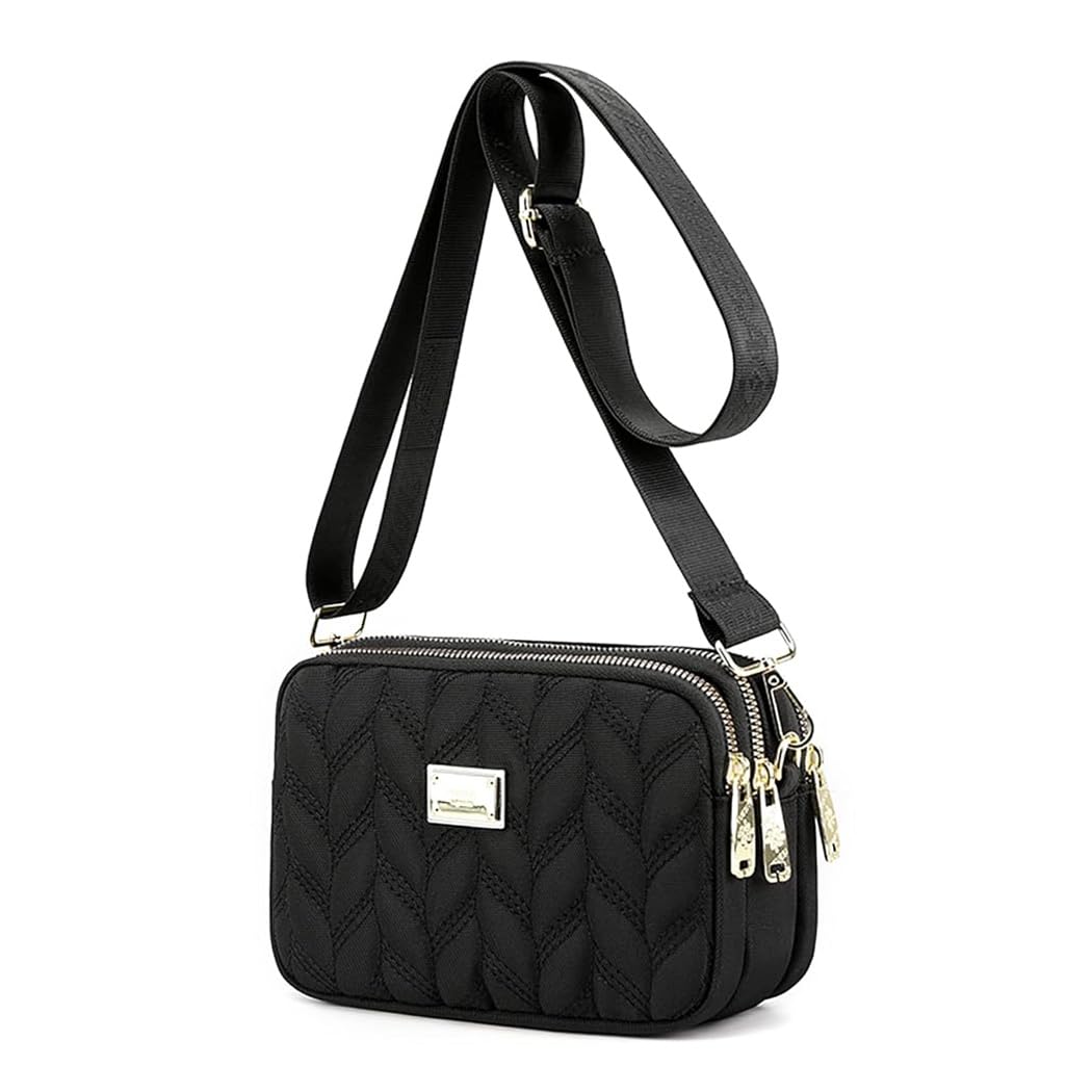 PALAY® Phone Sling Bag Small Shoulder Bag Nylon Crossbody Sling Bag Triple Layer Zip-up Bag Dainty Quilting Fashion Casual Phone Pouch Evening Bag with Detachble Shoulder Strap, 20x8x13cm, Black