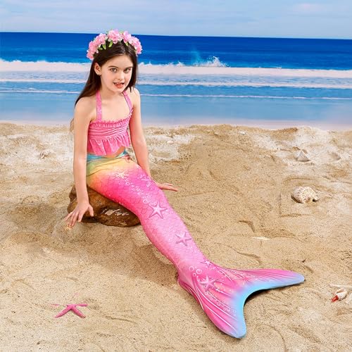 PALAY® Mermaid Tail Swimming Costume For Girls, Set of 3 Swimming Suit With Top and Brief Princess Bikini Mermaid Dress For Girls MermaidSwim Suit For Kids Girls 8-9 Years Old, Size 130 cm