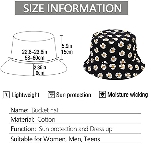 PALAY® Bucket Hats for Women Little Daisy Print Cotton Fisherman Beach Hats Foldable Reversible Bucket Outdoor Casual for Ladies Girls Cap White