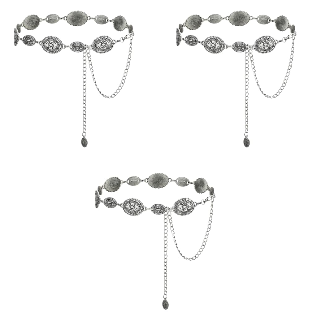 PALAY Waist Chain for Women for Saree featuring Metal Concho Disks Silvercolor 3 PCS | Adjustable Boho Hip Belt