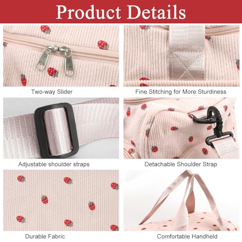 PALAY® Women Duffle Bag Gym with Shoe Compartment Cute Pink Strawberry Prints Corduroy Travel Removable Shoulder Strap Multi-Pocket for Camping 48x24x27cm 2PCS