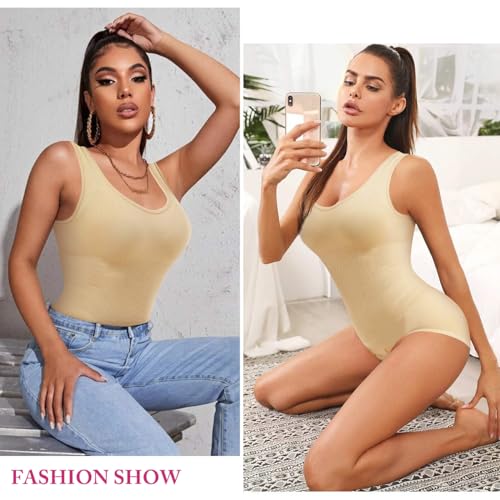 PALAY® Body Shaper for Women Waist Trainer Bodysuit Tummy Control Shapewear Seamless Round Neck Tank Top Bodysuit, Beige, XL-XXL