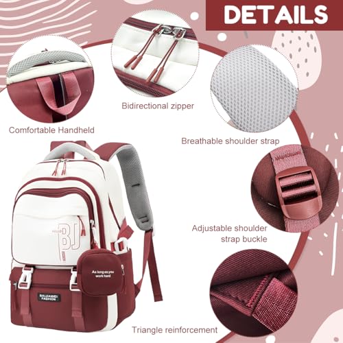 PALAY® Girls Backpack School with Small Zipper Pouch Fashion Red Nylon Padded Shoulder Straps Handle Design Multi Compartment Large for Camping Travel 3 PCS