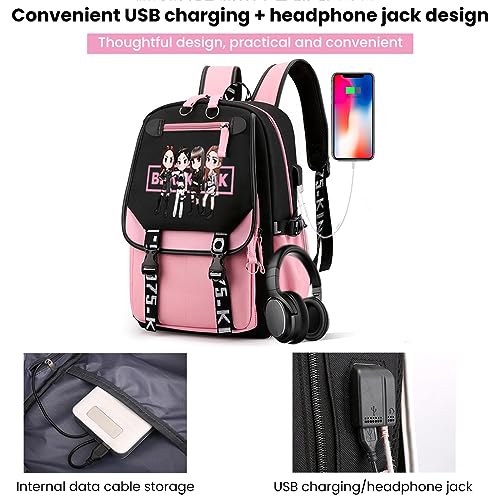 PALAY® Black Pink Bag For Girls School with USB Cable Jack Cute Backpacks Idol Print Design Laptop and Casual Student Accessories That can Hold 16.8 inches Books 3 PCS