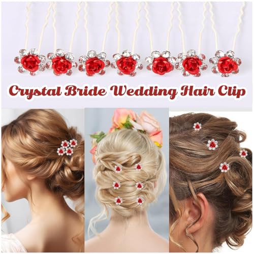 PALAY® 20Pcs Hair Pins for Women Stylish Rose Flower Bridal Hairpin Crystal Hair Stick for Bun Red Rose Juda Pins for Hair Bun Fancy Wedding Hair Bun Pin for Women Girls Bridesmaids