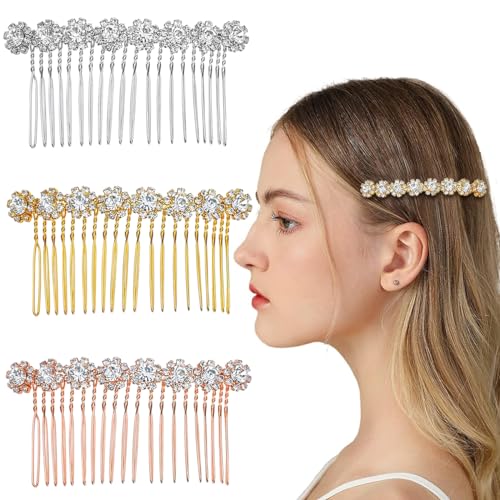 PALAY® 3pcs Hair Comb Clip for Women Rhinestone Flower Bridal Hair Side Combs 3 Inch Headpiece Elegant Headpiece Accessories for Wedding, Party, Dating