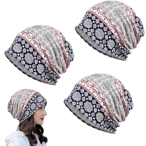PALAY® Hijab Caps for Women Slouchy Beanie Floral Print Head Scarf Chemo Fashion Stretch Soft Hip-Hop Skull Dwarf Hats for Teen Girls 3 PCS