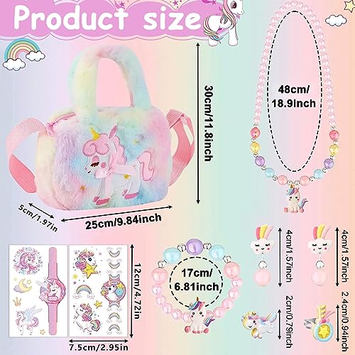 PALAY® Unicorn Crossbody Bag with Jewelry Set for Girls, Princess Plush Handbag Purse Beads Necklace Bracelet Earrings Rings and Stickers Set, Fashion Kids Costume Jewellery Party Dress up Gift