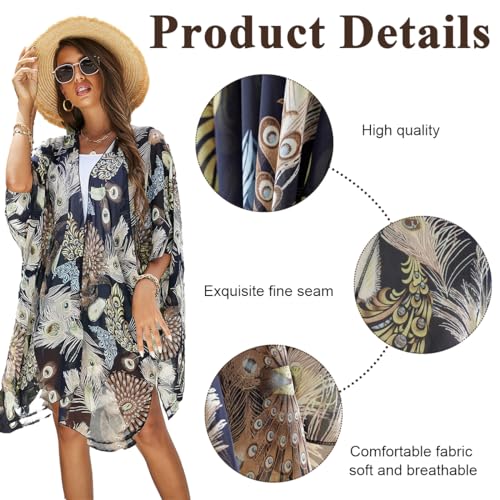 PALAY® Chiffon Beach Cover Up for Women Beach Wear for Women Fashion Peacock Prints Beach Cover Ups Wrap Summer Vacation Cardigan Kaftan Top Bikini Coverup Beachwear