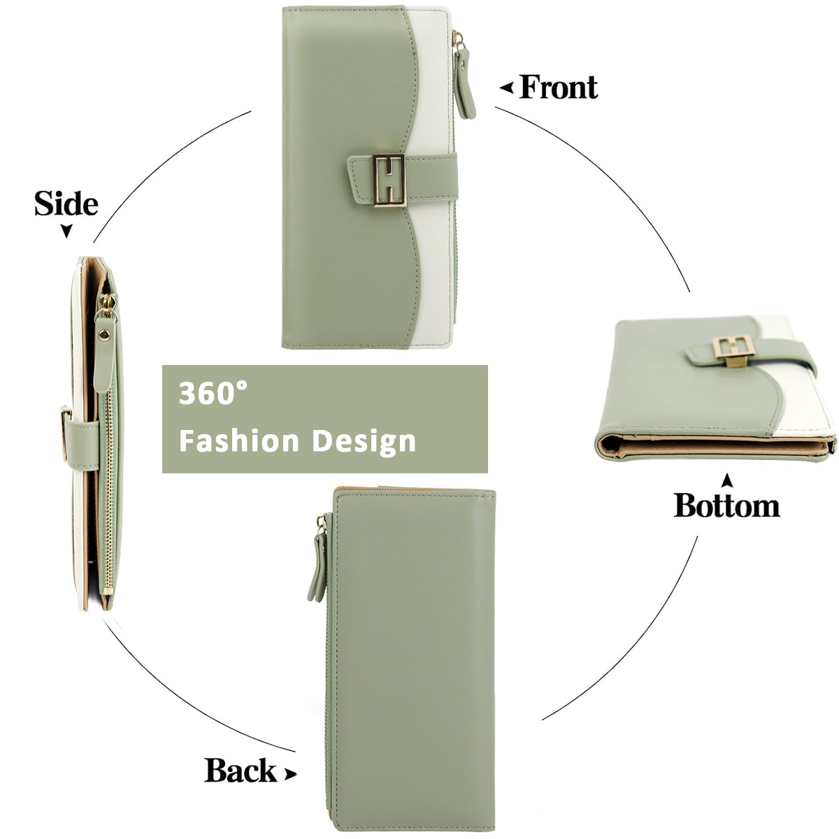 PALAY Women Purse with 11 Card Slots and Snap Button Closure | Mint Green PU Bifold Wallet 19x9.5cm