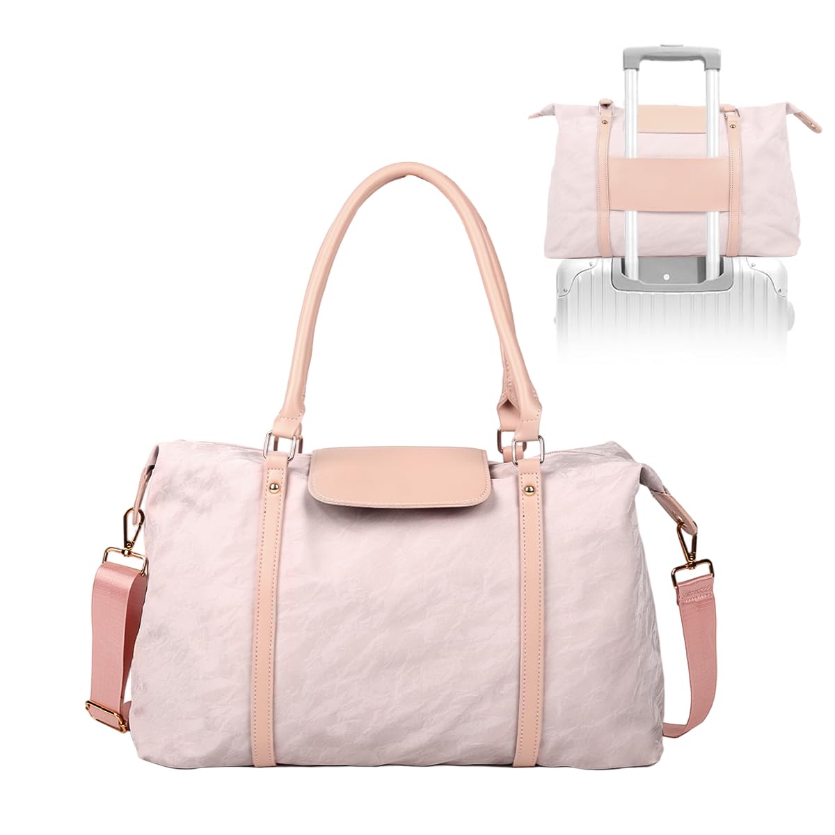 PALAY® Travel Bag for Woman Pink Leather Waterproof Gym Bag with Removable Strap Large Capacity Multipurpose Duffel Bags for Travel, Fitness, Yoga, Workout, Overnight Weekender