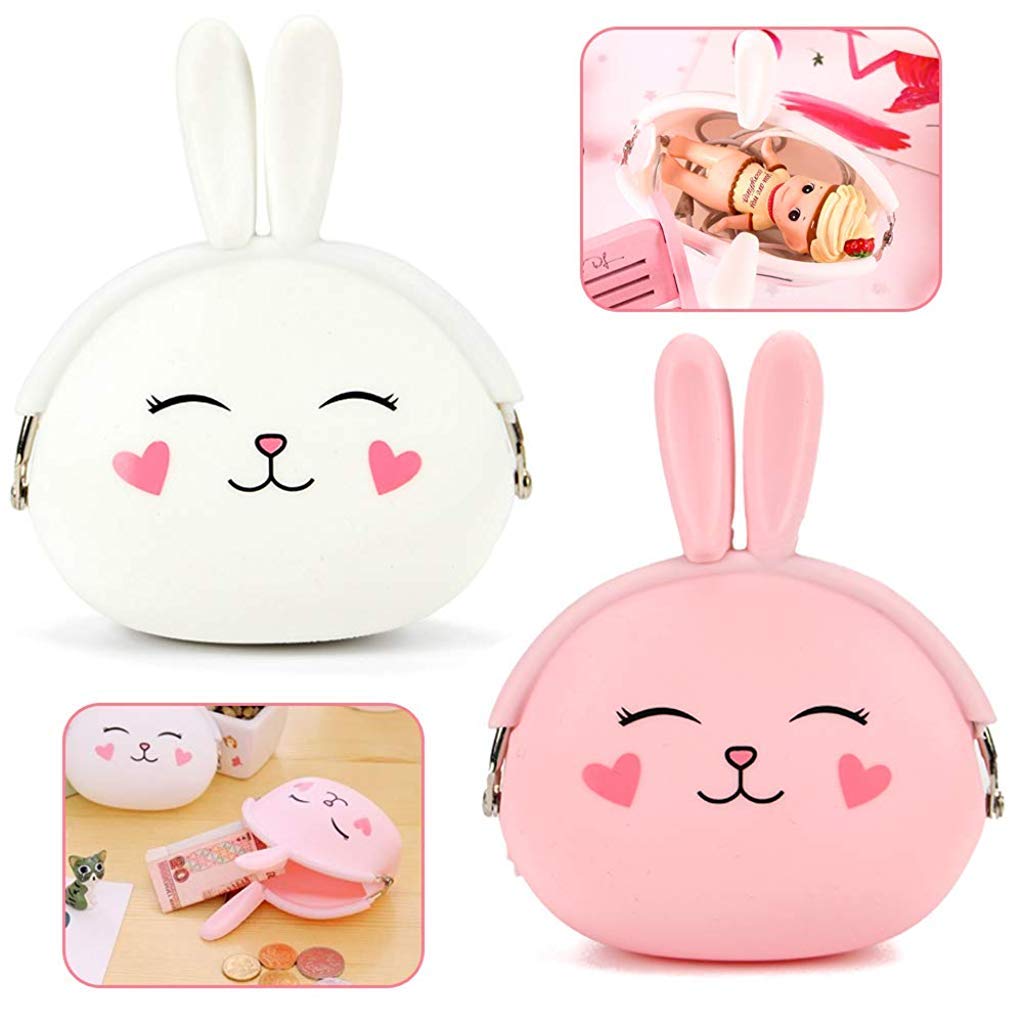 SANNIDHI® 2 Pcs Silicone Coin Purse for Girls Stylish Coin Pouch Bag, Cute Bunny Small Coin Purse for Kids, Storage of Change, Small Accessories Wallet For Girls (Pink+White)