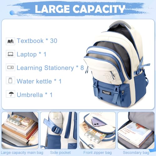 PALAY® Girls Backpack School with Small Zipper Pouch Fashion Blue Nylon Padded Shoulder Straps Handle Design Multi Compartment Large Camping Travel 2 PCS