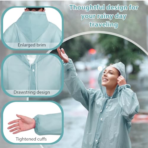 PALAY® Rain Ponchos for Adults Reusable EVA Raincoats with Hood for Women Men Camping Hiking Music Festival Outdoor Activities Pack of 2 Blue 3PCS