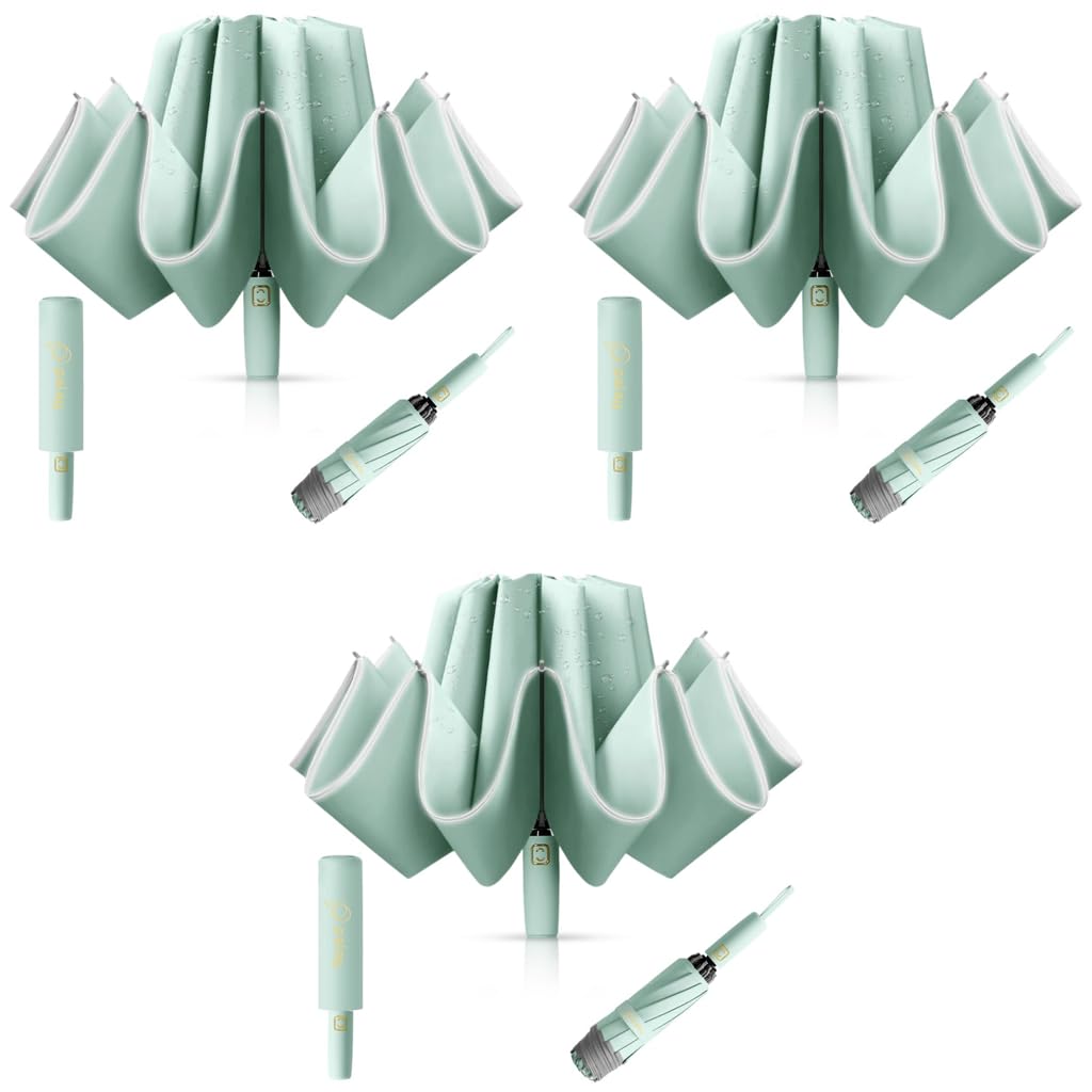 PALAY Auto Folding Umbrella for Travel featuring 50in Canopy and 10 Dual Ribs | Mint Green