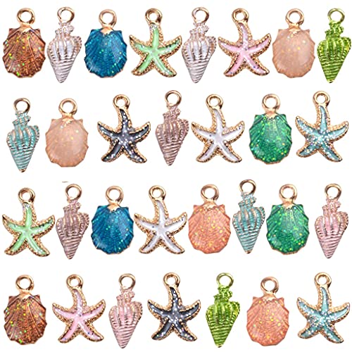 PALAY® Zinc Charm For Jewellery Making Plated Marine Life Shell Starfish Conch Assorted Charm Pendant Diy For Necklace Bracelet Jewelry Making And Crafting - 30 Pcs, White