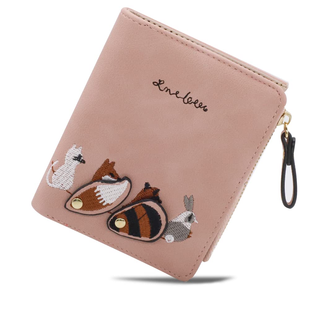 SANNIDHI® Wallets for Women Stylish PU Leather Coins Zipper Pocket Cute Mini Animals Embroidery Short Wallet Card Holder Billfold Purse Wallet Gift for Girls (Pink)