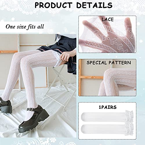 PALAY® Lolita Lace Socks for Girls Teens Fishnet Over Knee High Hollow Out Stockings Long Loose for Mary Jane Shoes Dress Uniforms 1 Pair White 3 PCS