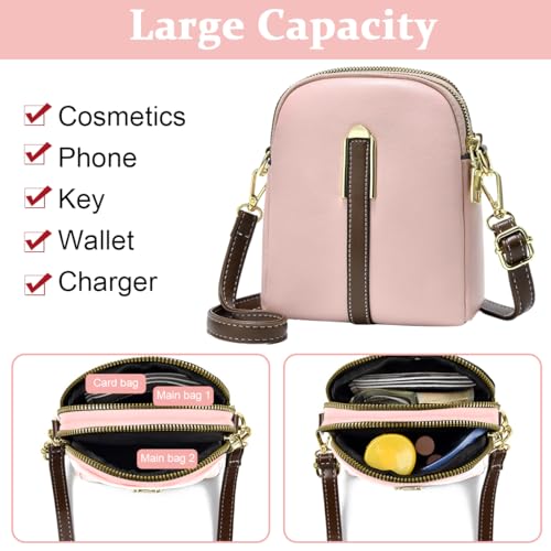 PALAY® Sling Bag Stylish PU Women Crossbody Bag Phone Bag Double Layer Daily Bag with Detachable Shoulder Belt Casual Shoulder Bag with Zipper Pouches Gift for Women, Pink