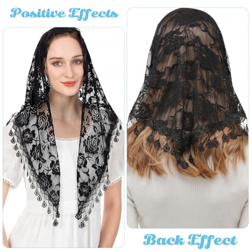 PALAY® Triangle Lace Mantilla Veil Head Scarf Church Veil Mass Veil for Women Embroidery Rose Tassel Ladies Cathedral Head Covering for Mass Wedding Bridesmaids - Black