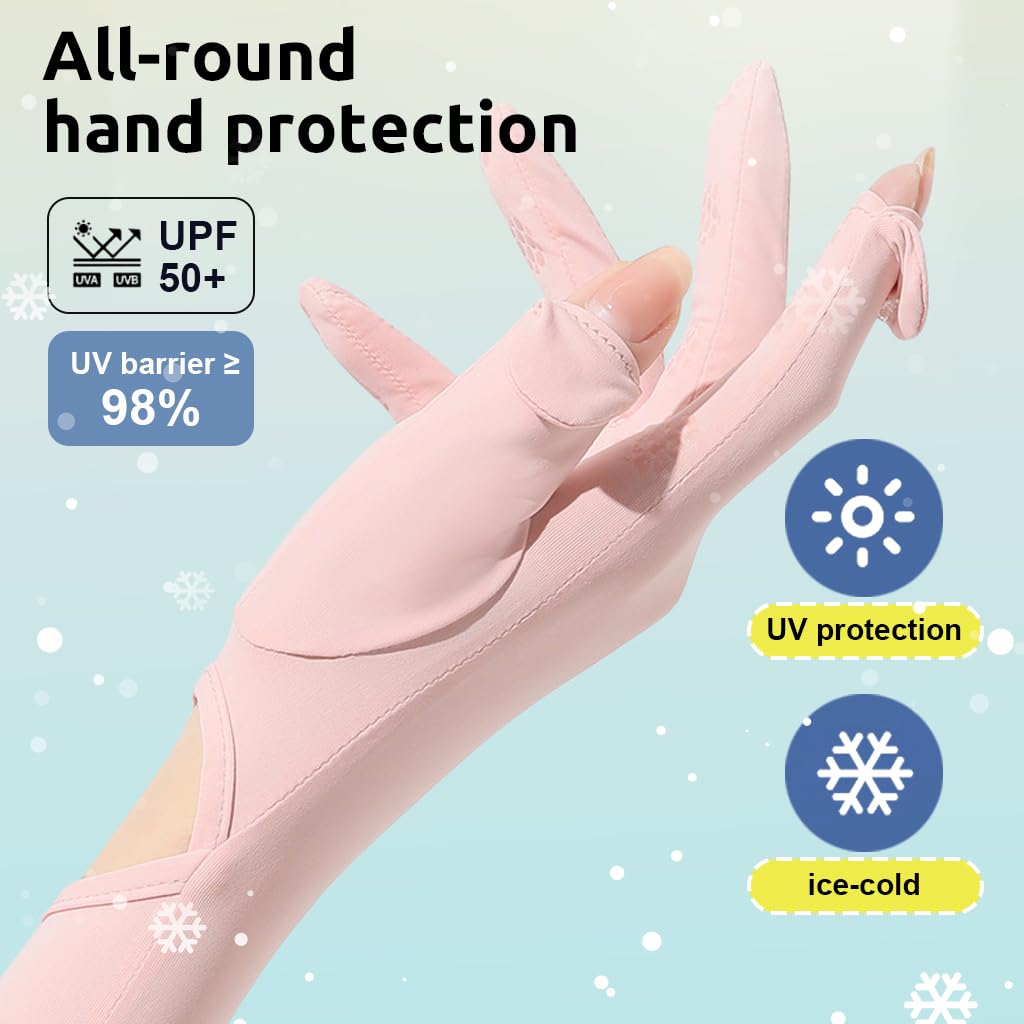 PALAY® UV Protection Arm Sleeves Nylon Ice Silk Arm Sleeves with One Piece Gloves, Open Finger Tip & Anti-slip Palm Design Outdoor Cool Arm Sleeve for Driving, Cycling, Gardening- Pink