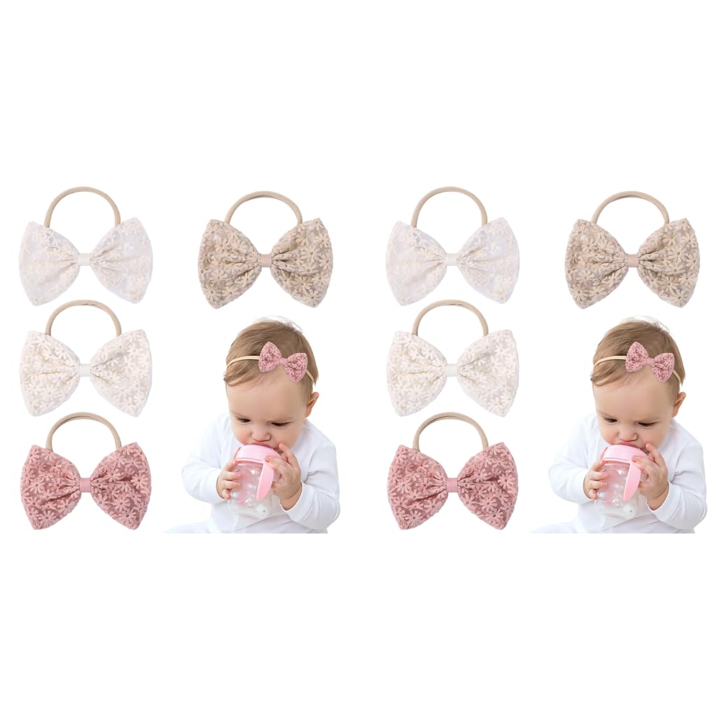 PALAY Hair Bands for Baby Girls with Embroidery Daisy Bows 8PCS Set for Newborns | Soft Nylon Handmade Accessories