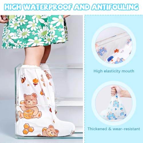 PALAY® Rain Shoe Covers for Kids 3 Pairs Slip-On with Elastic Collar Knee-Length Fashion Cartoon Wear-Resistant for 5-12 Years Old 3PCS