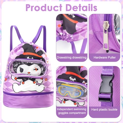 PALAY® Kuromi Swimming Drawstring Bag Girls Waterproof with Shoe Compartment Clear Goggle Pouch Cute Quick Dry Wet Beach 26x13x40cm 2 PCS