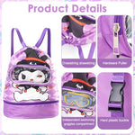 PALAY® Kuromi Swimming Drawstring Bag Girls Waterproof with Shoe Compartment Clear Goggle Pouch Cute Quick Dry Wet Beach 26x13x40cm 2 PCS