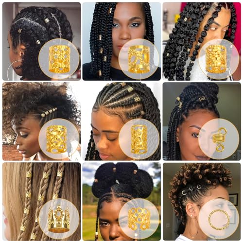 PALAY® 220 Pcs Gold Hair Jewelry for Women Braids Stylish Metal Hair Pendants Charm for Braids, Hair Extension, Dreadlocks Rings Cuffs Clips Hair Accessories for Women Girls