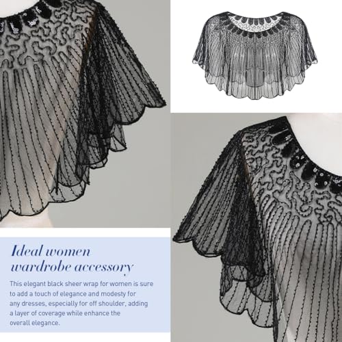 PALAY® Lace Shrugs Shawl for Women Stylish Sheer Cape Cover Up Wraps Black Sequin for Wedding Dress Off Shoulder Strapless Dresses 2PCS