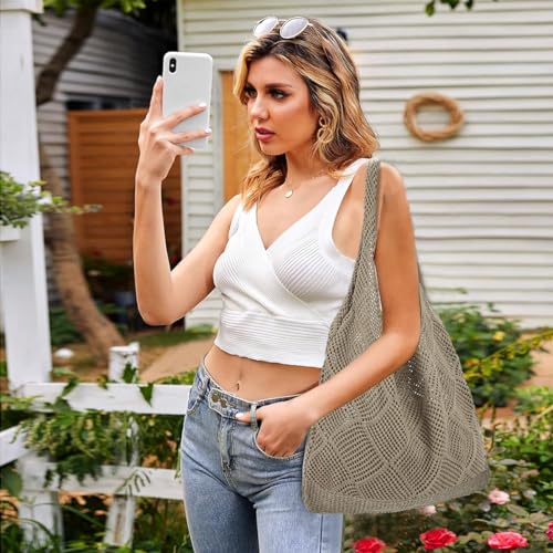 PALAY® Girl Woven Hand Bag Soft Large Dacron Shoulder Bag Boho Dacron Handle Tote Retro Summer Beach Bag Hollow Out Style Handbag